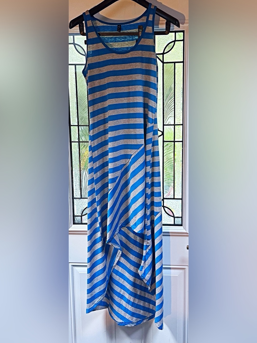 Sleeveless Blue and Gray Striped High-Low Maxi Dress
